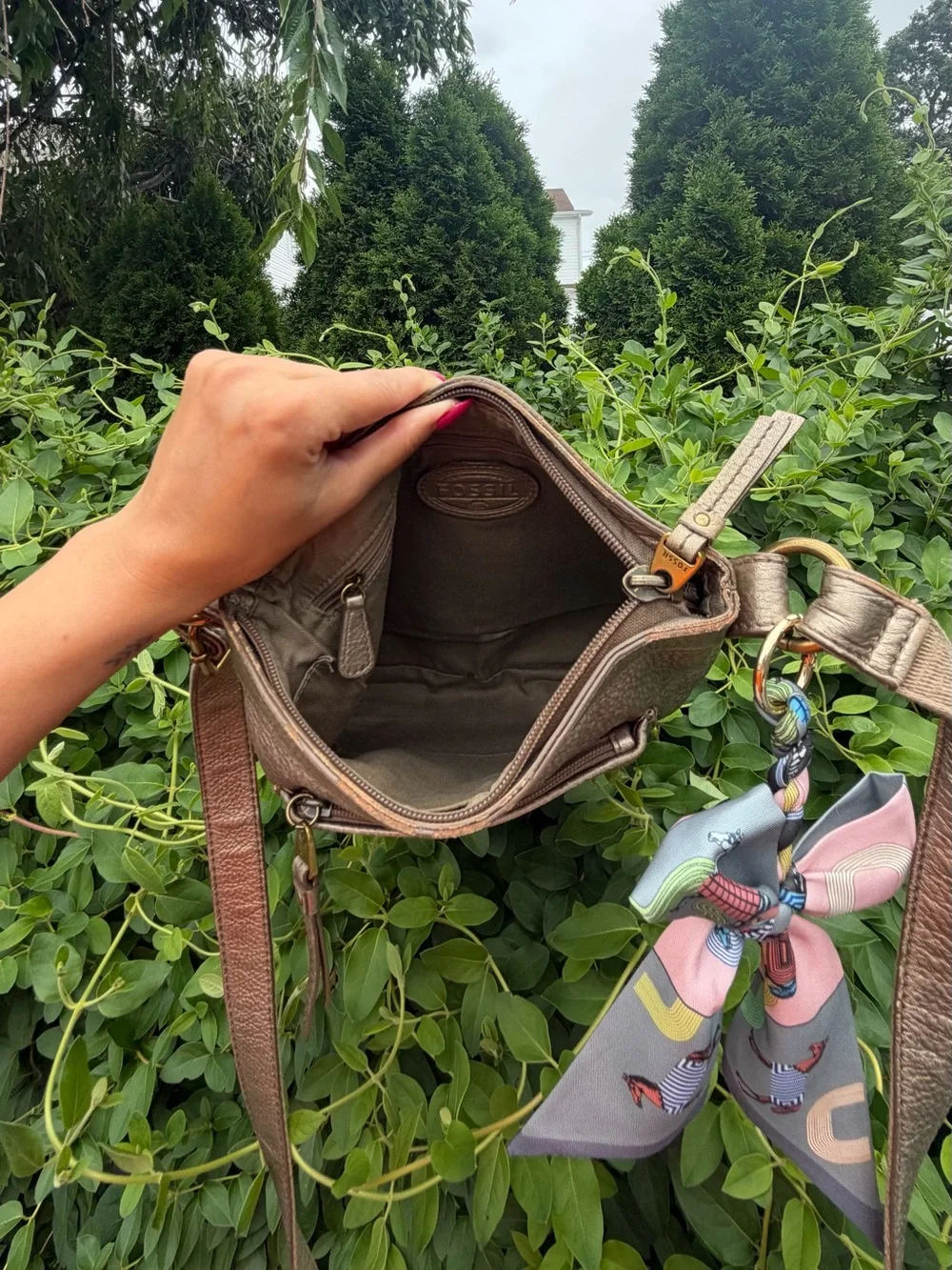 Fossil Metallic Taupe Pebbled Leather Crossbody with Scarf Accent